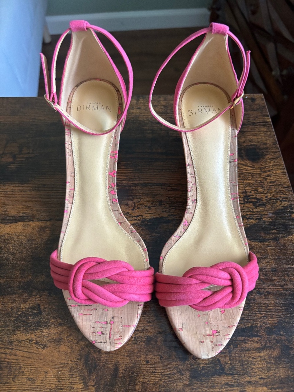 Alexandre Birman Clarita Pink Suede Knot Cork Wedge Sandals EU 39